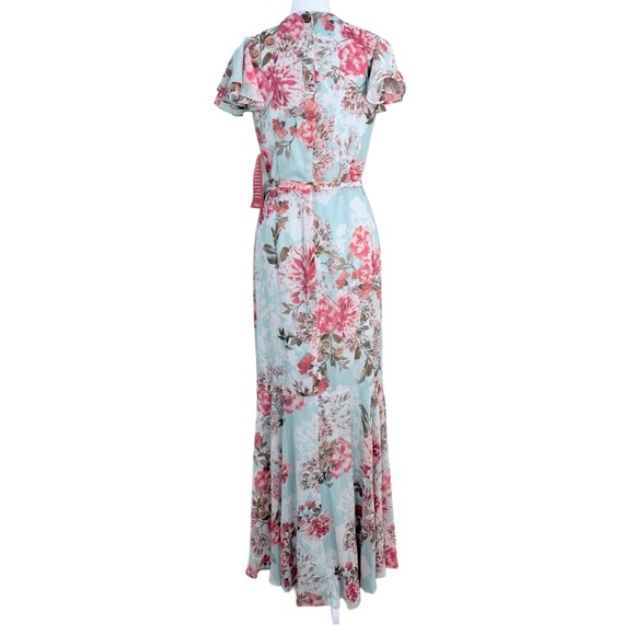 Eliza J Floral Chiffon Maxi Dress Blue Pink Wrap Style Flutter Sleeve Size 4 NWT - Picture 8 of 9